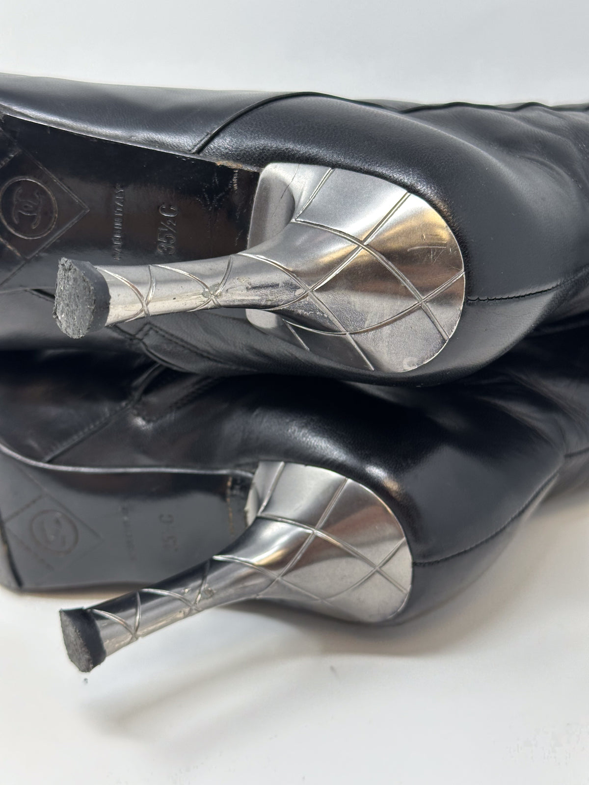 Chanel Black Leather Knee High Stiletto Boot Heels