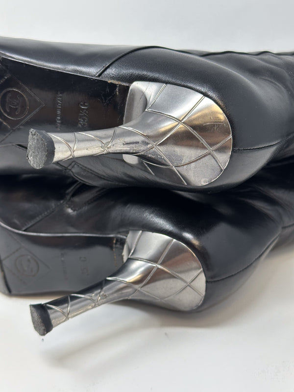 Chanel Black Leather Knee High Stiletto Boot Heels