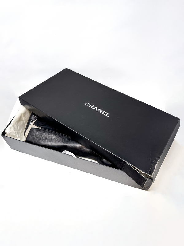 Chanel Black Leather Knee High Stiletto Boot Heels