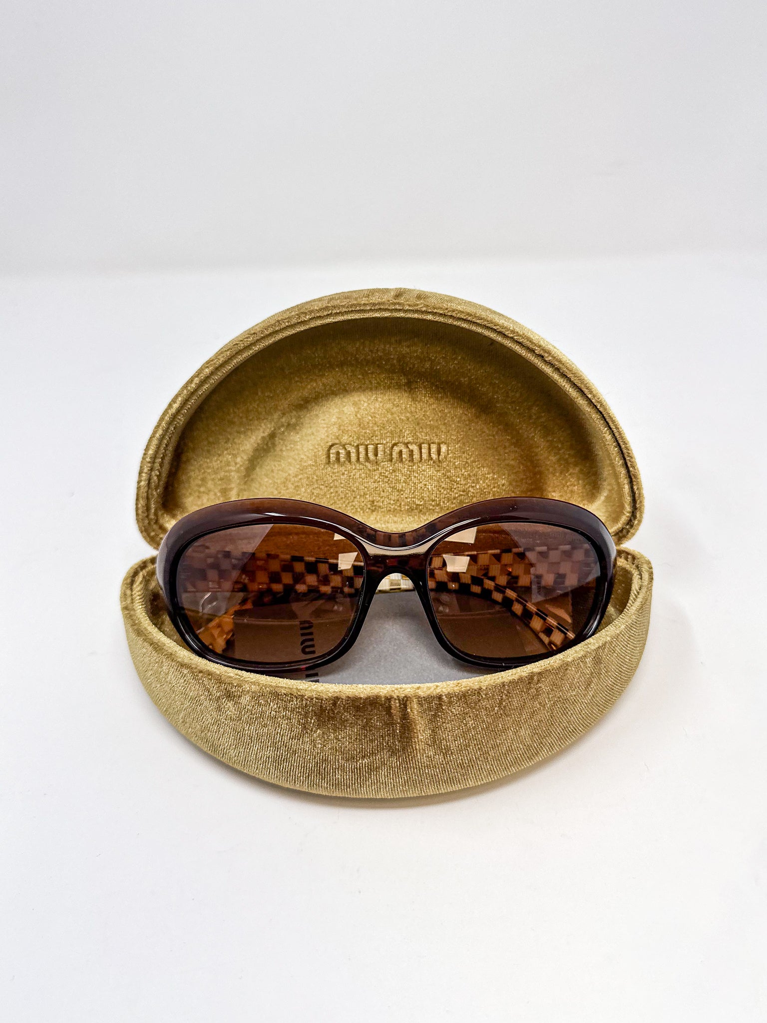Miu Miu Brown Oval Checkerboard Sunglasses