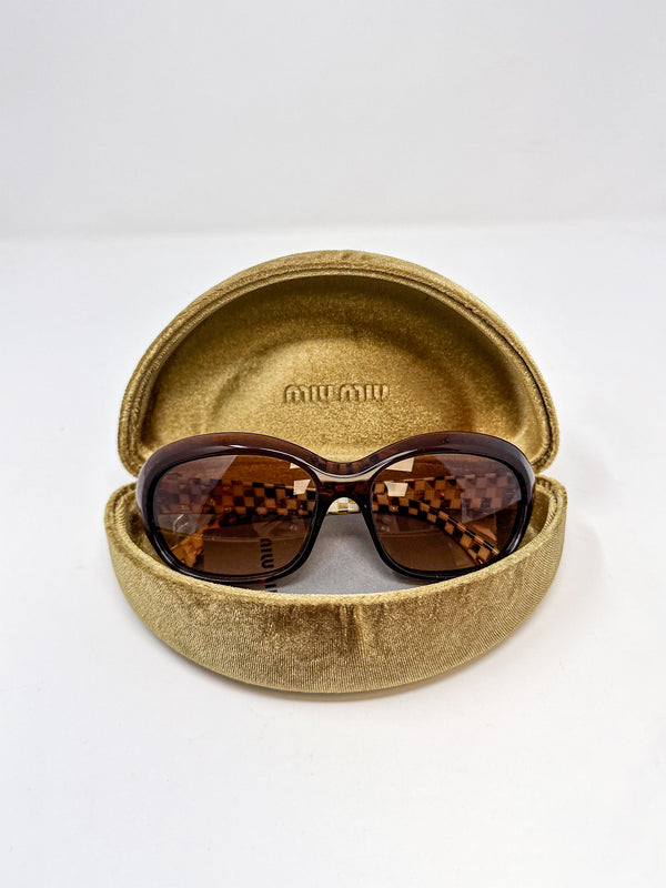 Miu Miu Brown Oval Checkerboard Sunglasses