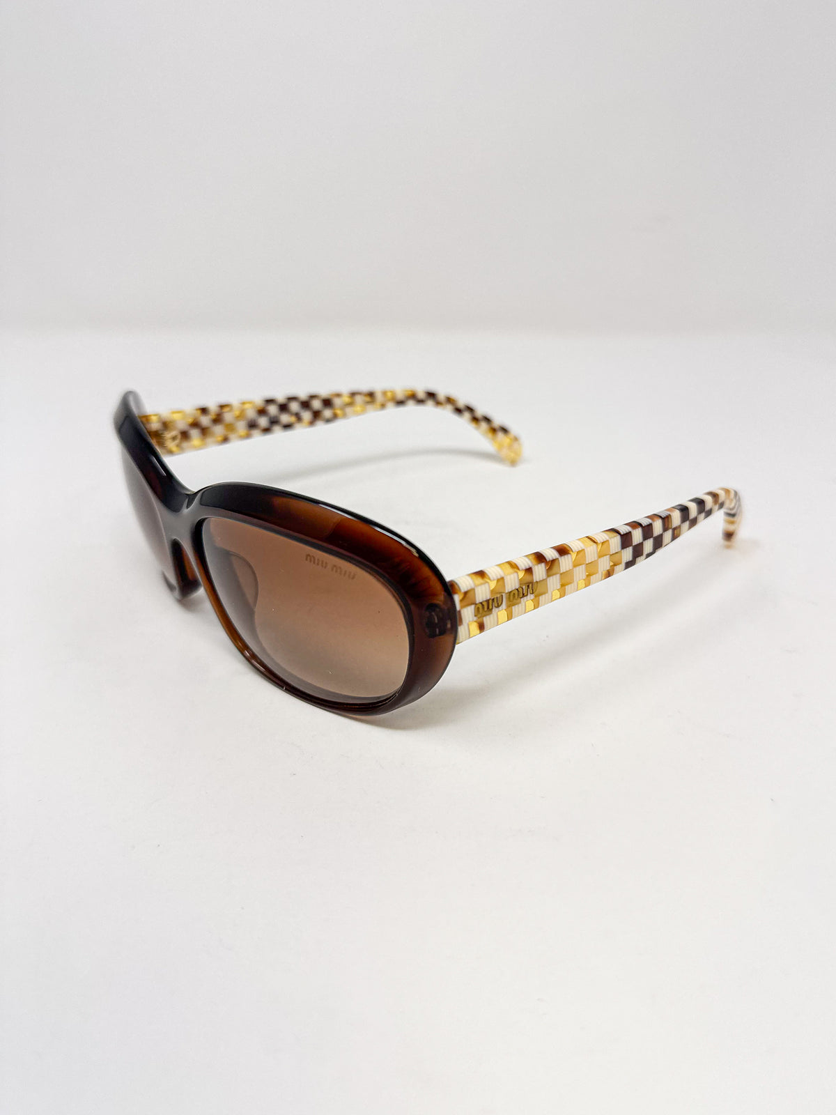 Miu Miu Brown Oval Checkerboard Sunglasses