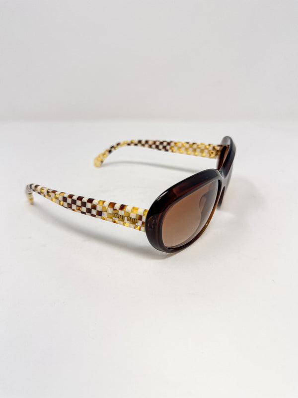 Miu Miu Brown Oval Checkerboard Sunglasses