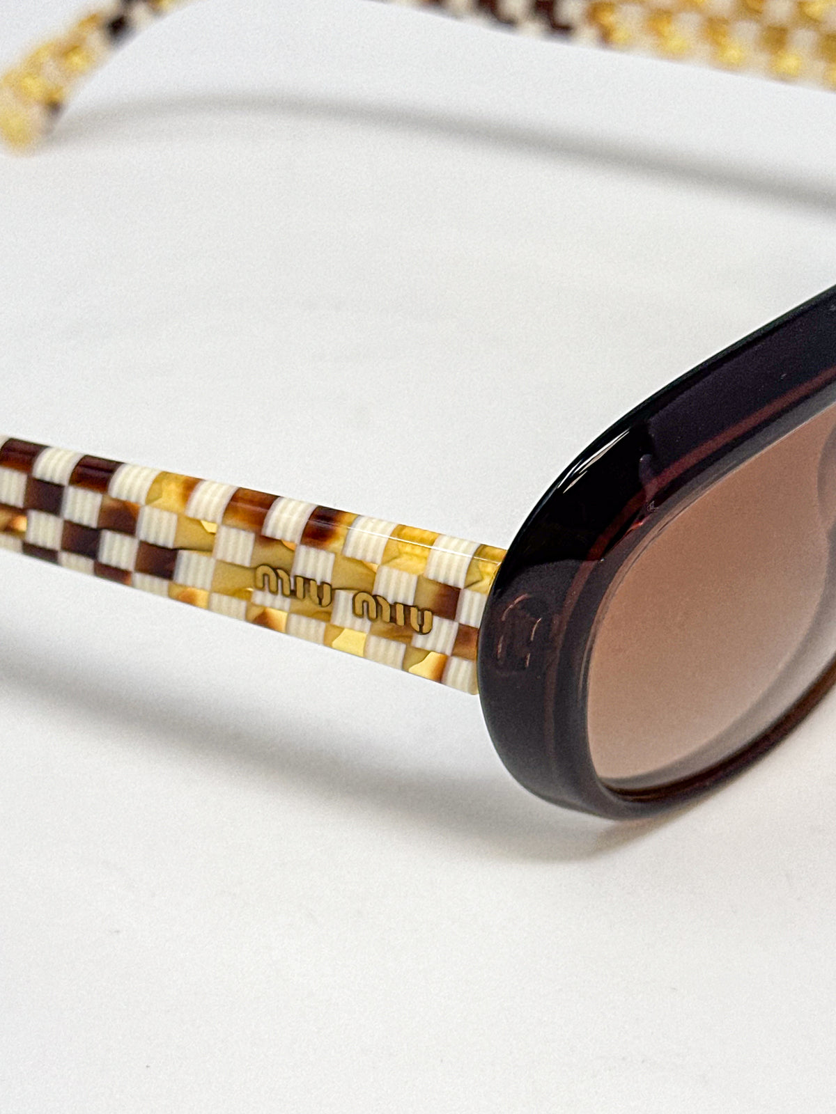 Miu Miu Brown Oval Checkerboard Sunglasses