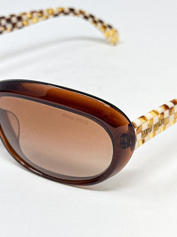 Miu Miu Brown Oval Checkerboard Sunglasses