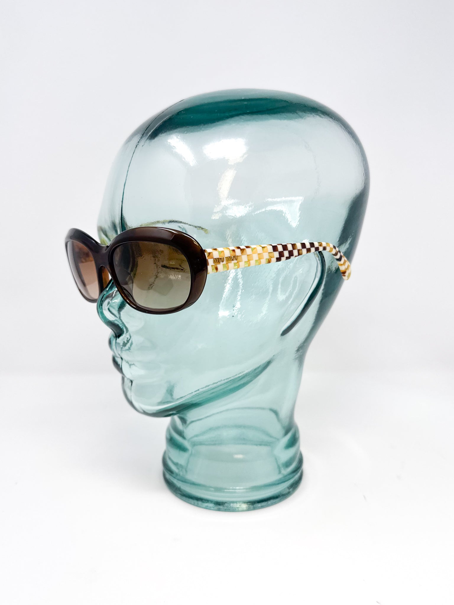 Miu Miu Brown Oval Checkerboard Sunglasses