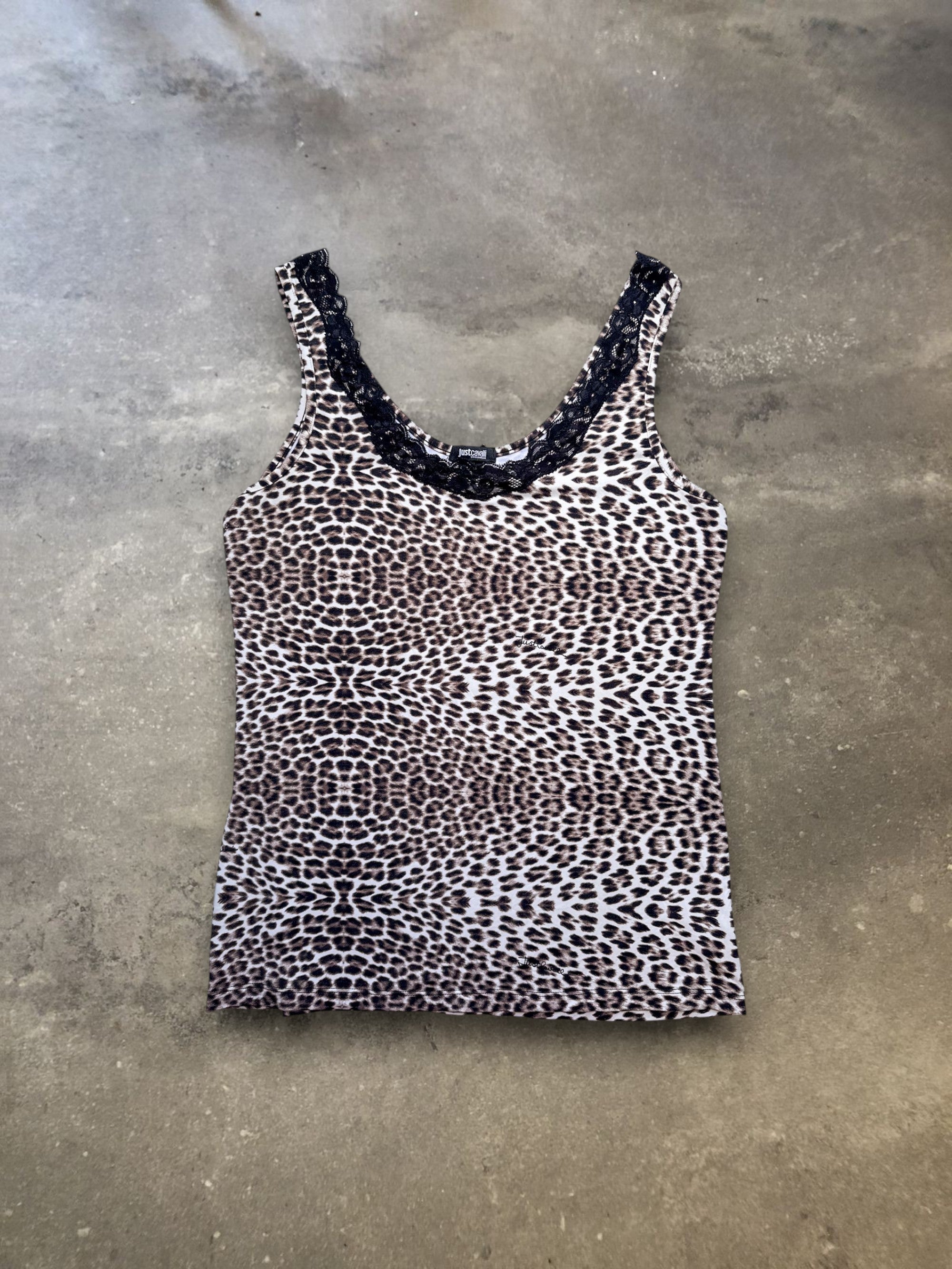 Just Cavalli Leopard Print Lace Trim Tank Top