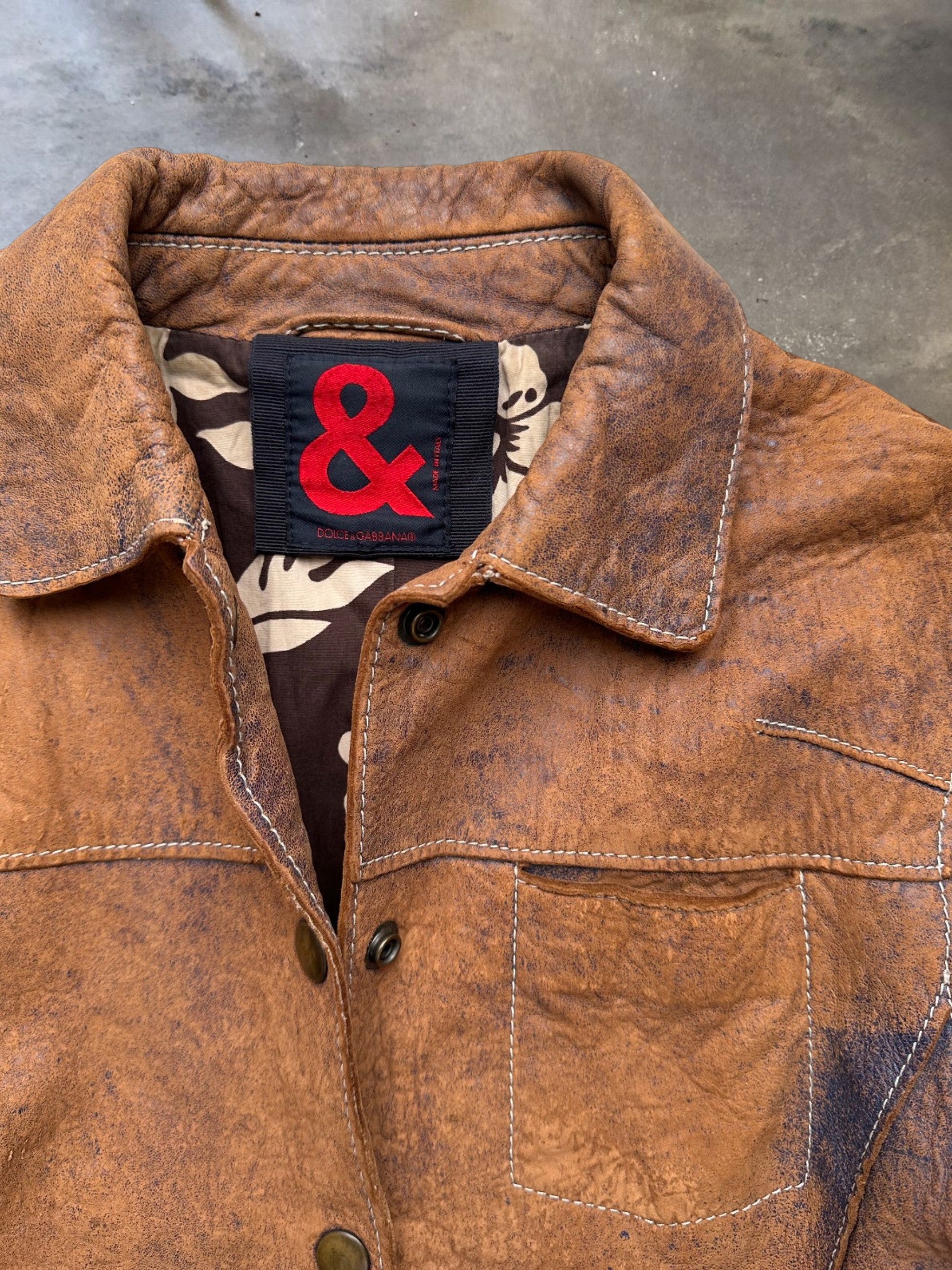 Dolce & Gabbana Brown Distressed Leather Trucker Jacket