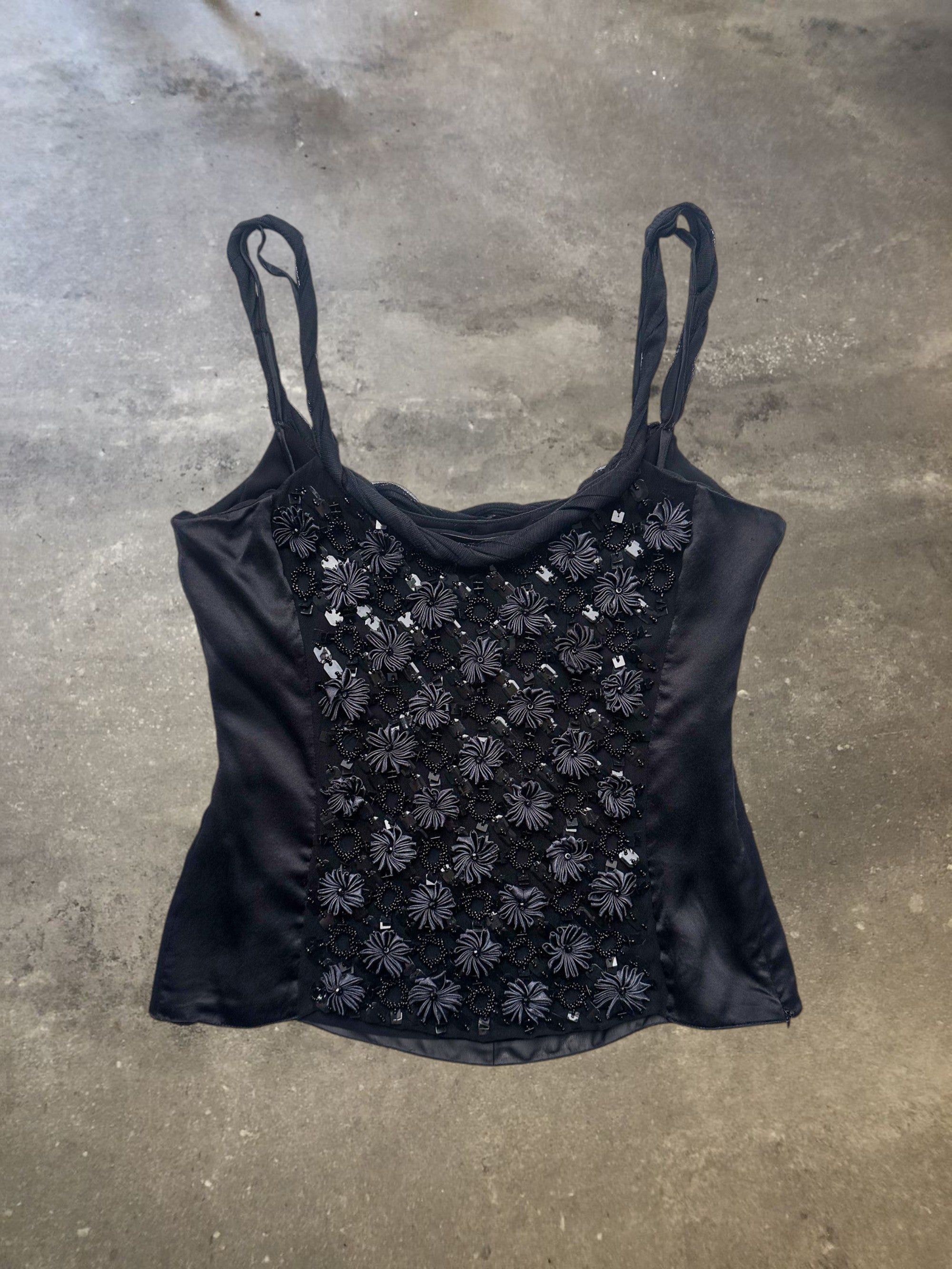 Emporio Armani Black Satin Embellished Floral Beaded Cami Top