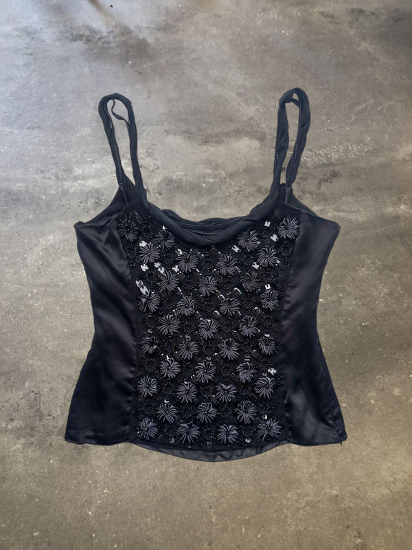 Emporio Armani Black Satin Embellished Floral Beaded Cami Top