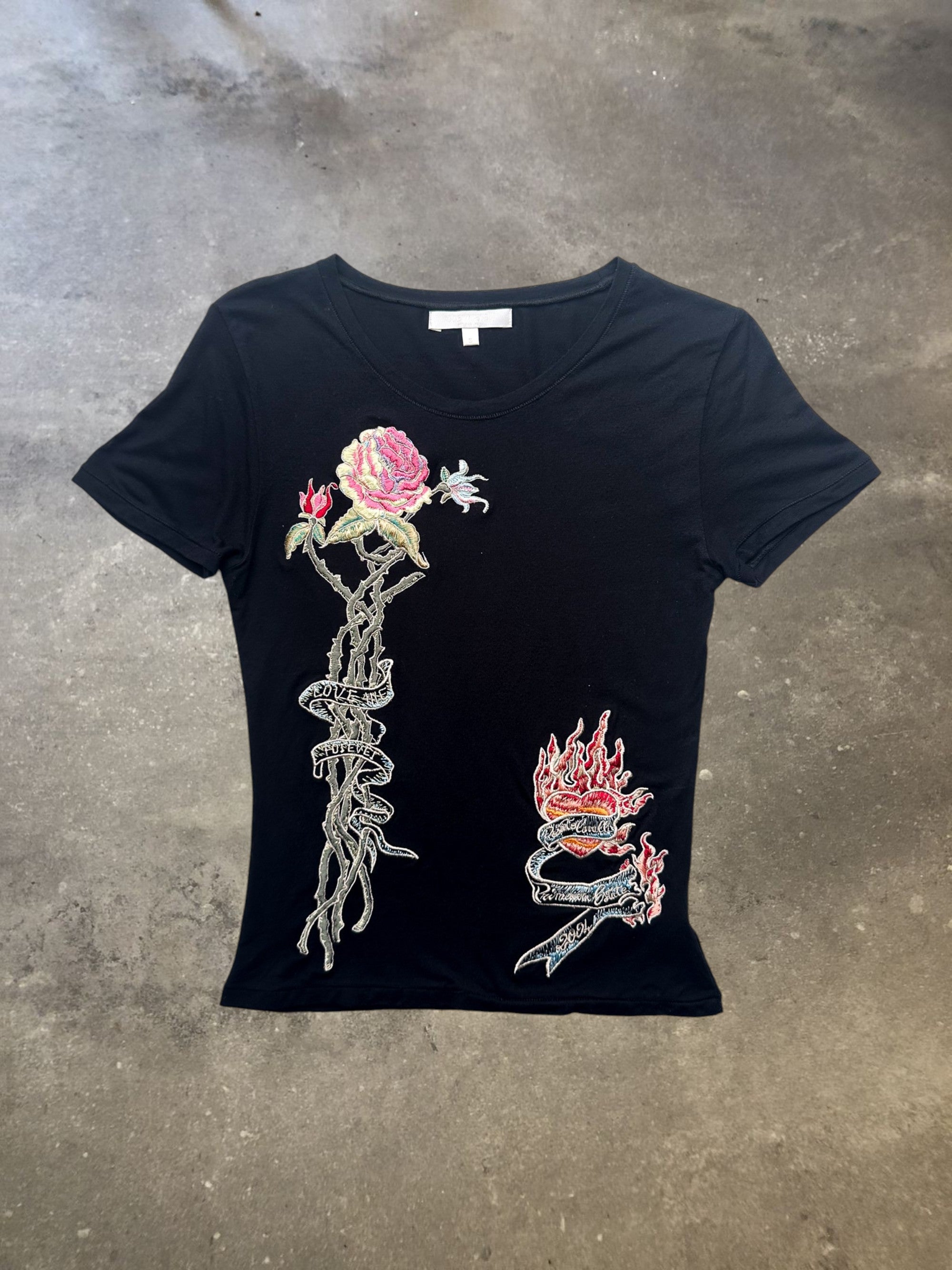 Roberto Cavalli Black Embroidered Rose Heart T-Shirt Y2K