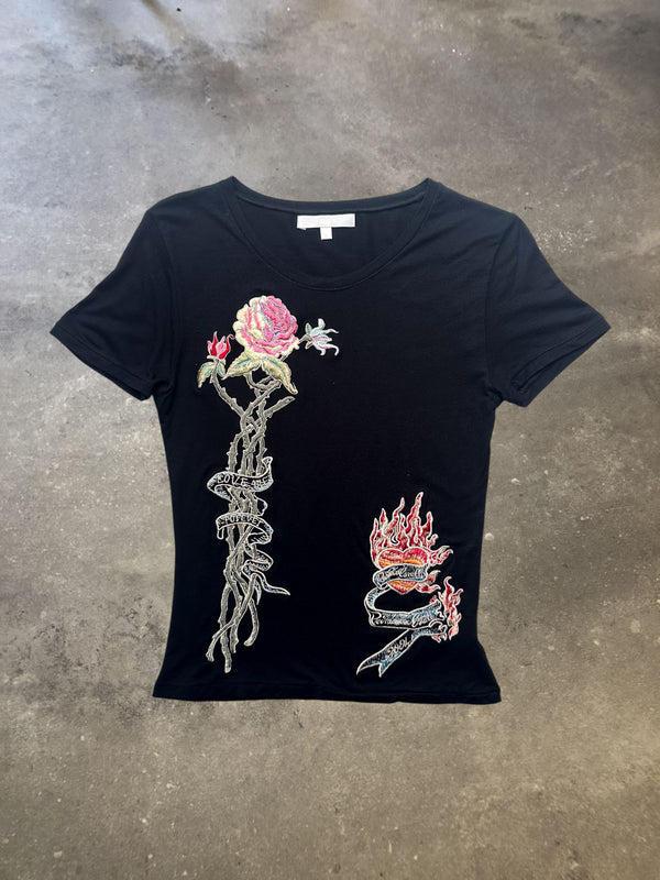 Roberto Cavalli Black Embroidered Rose Heart T-Shirt Y2K