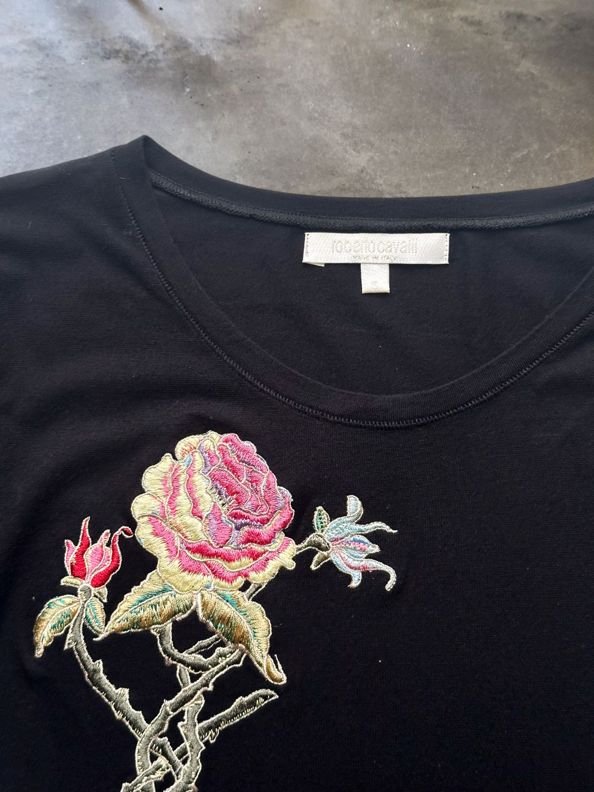 Roberto Cavalli Black Embroidered Rose Heart T-Shirt Y2K
