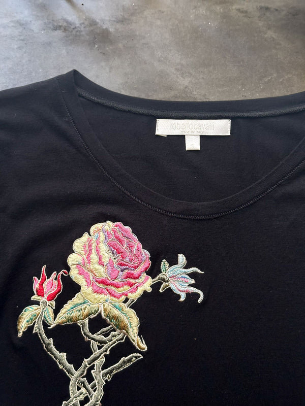 Roberto Cavalli Black Embroidered Rose Heart T-Shirt Y2K
