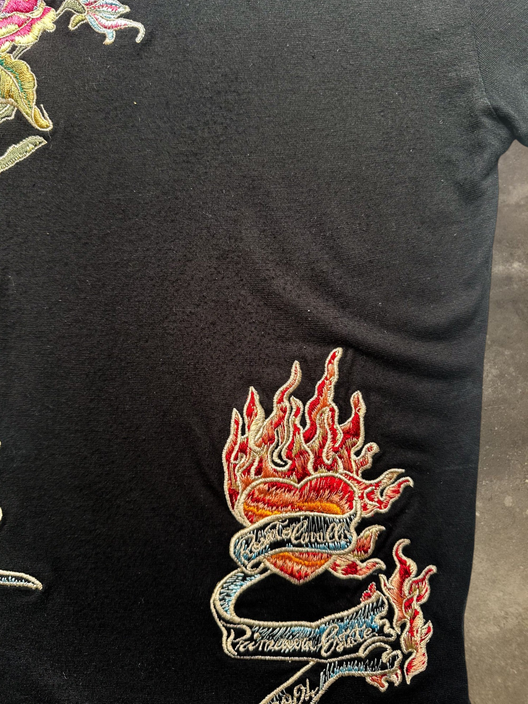 Roberto Cavalli Black Embroidered Rose Heart T-Shirt Y2K