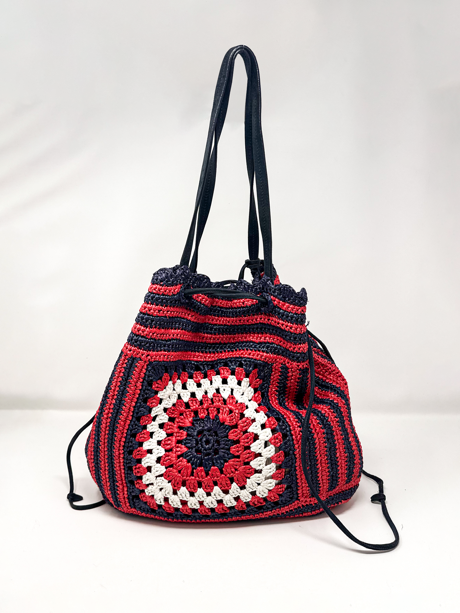 Miu Miu Crochet Raffia Drawstring Bucket Bag