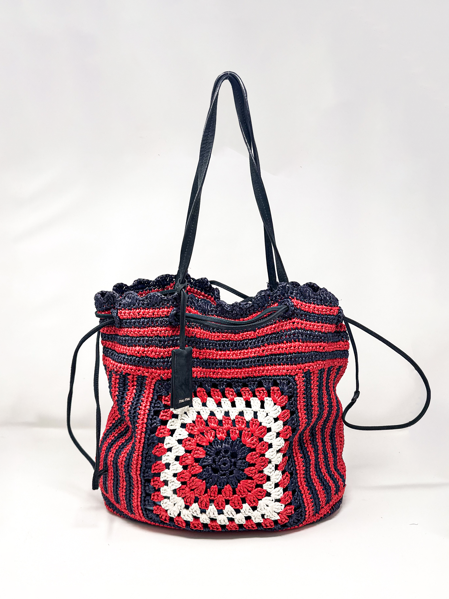 Miu Miu Crochet Raffia Drawstring Bucket Bag
