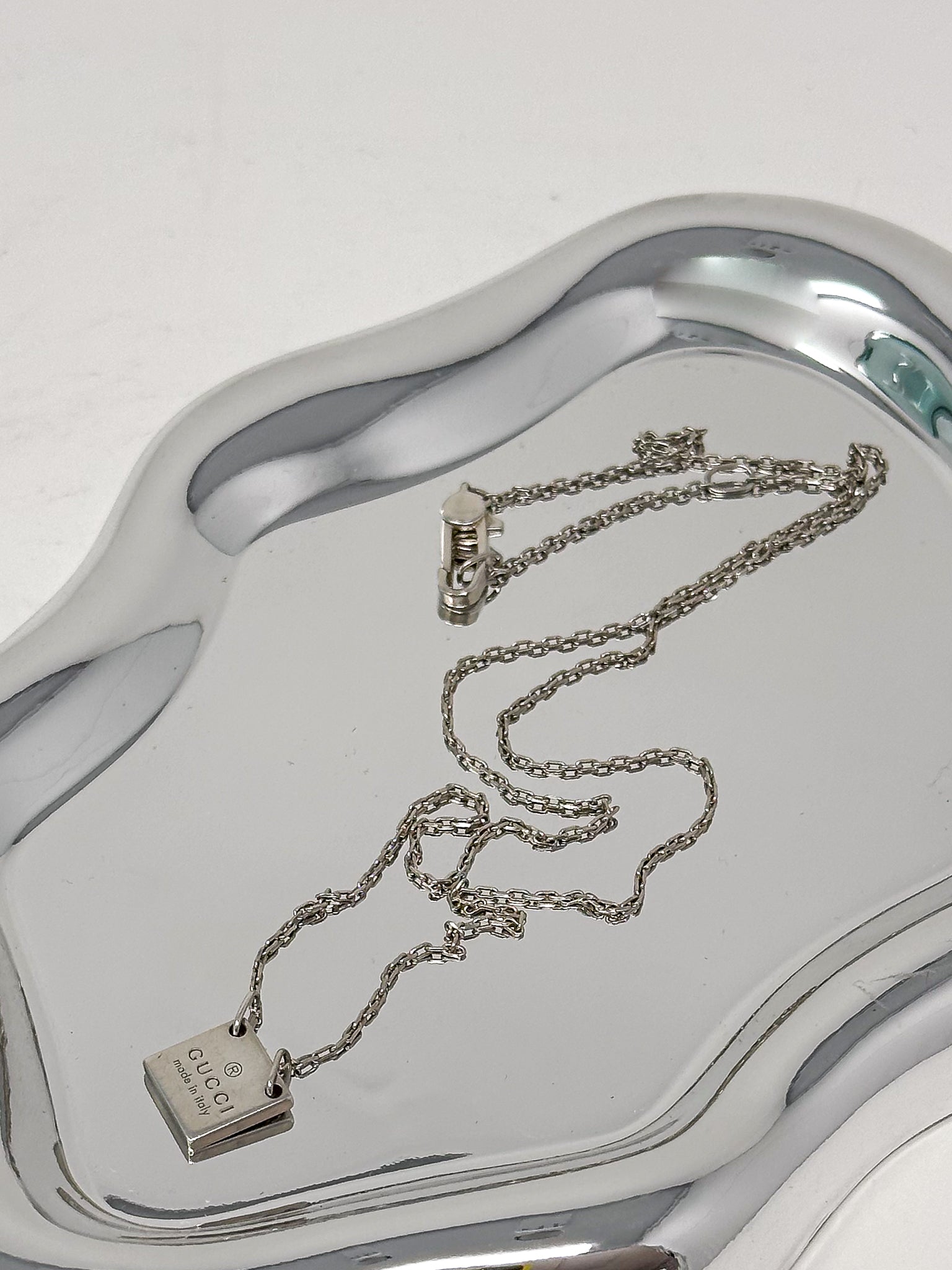 Gucci 925 Sterling Silver Logo Plaque Pendant Necklace