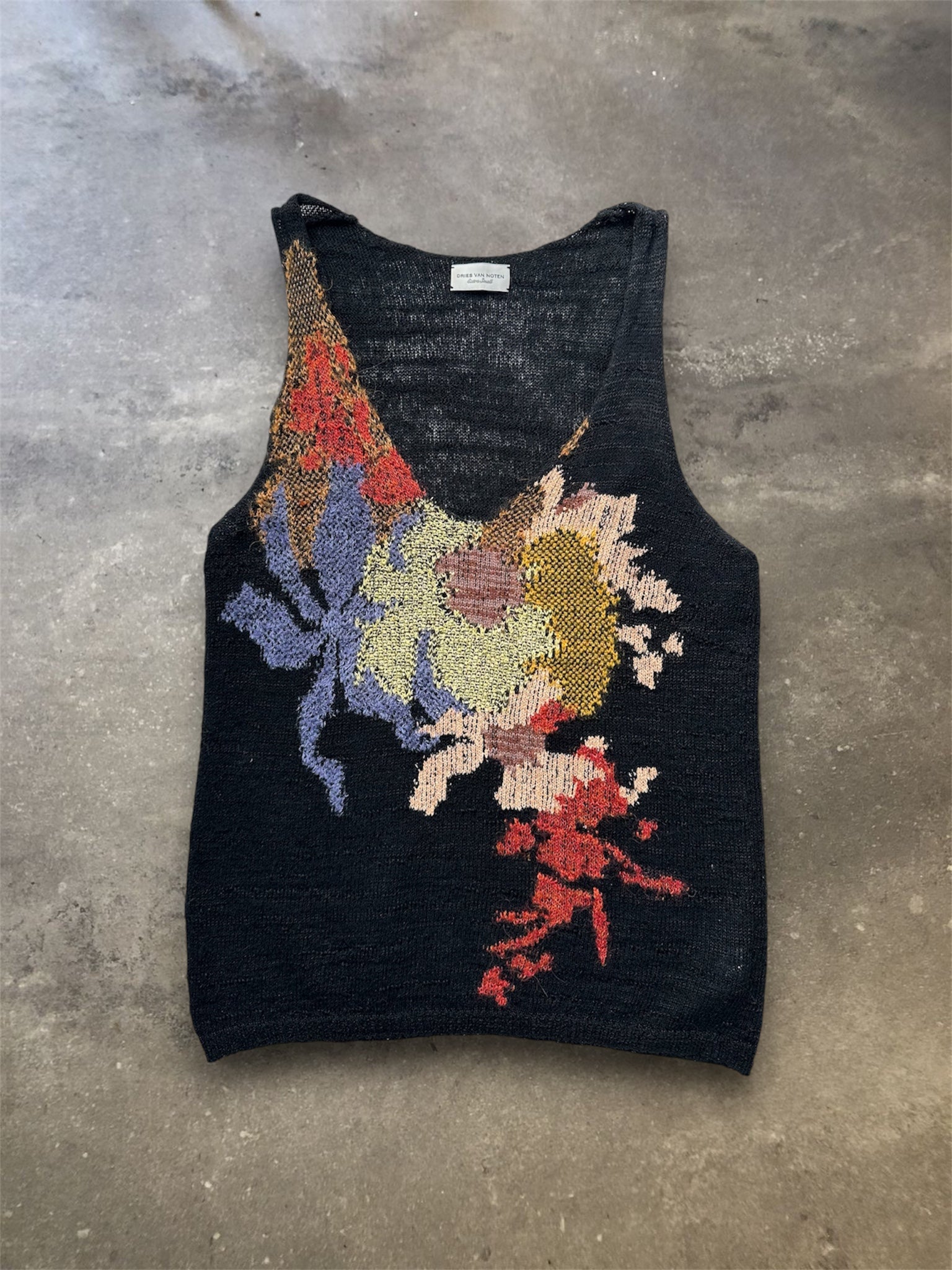 Dries Van Noten Black Floral Silk Blend Knit Tank Top