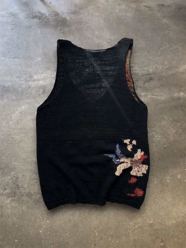 Dries Van Noten Black Floral Silk Blend Knit Tank Top